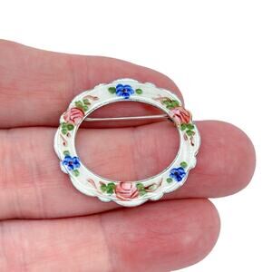 Vintage Lamode Sterling Guilloche Enamel Rose Flowers Floral Pin Brooch